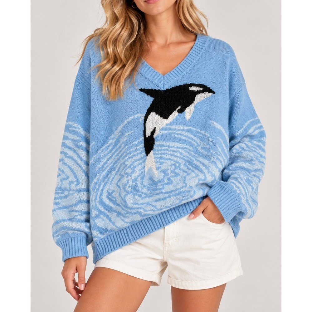 House of Sunny Free Willy Orca V-Neck Knit Sweater Blue Vol 18 US 14 Jumper Rare